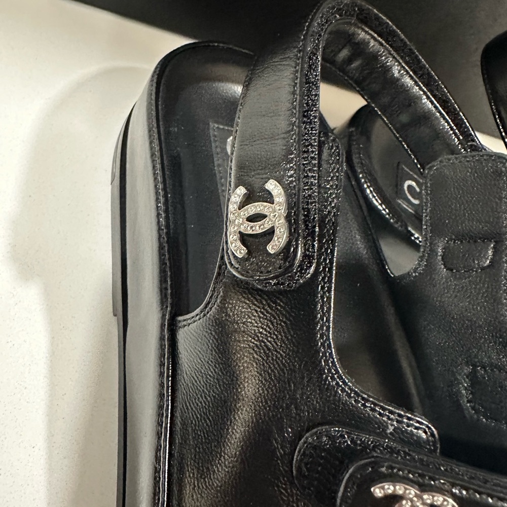 NEW Chanel Black Leather Slingback Dad Sandals with Silver Crystal Accents 37.5 - Picture 4 of 10